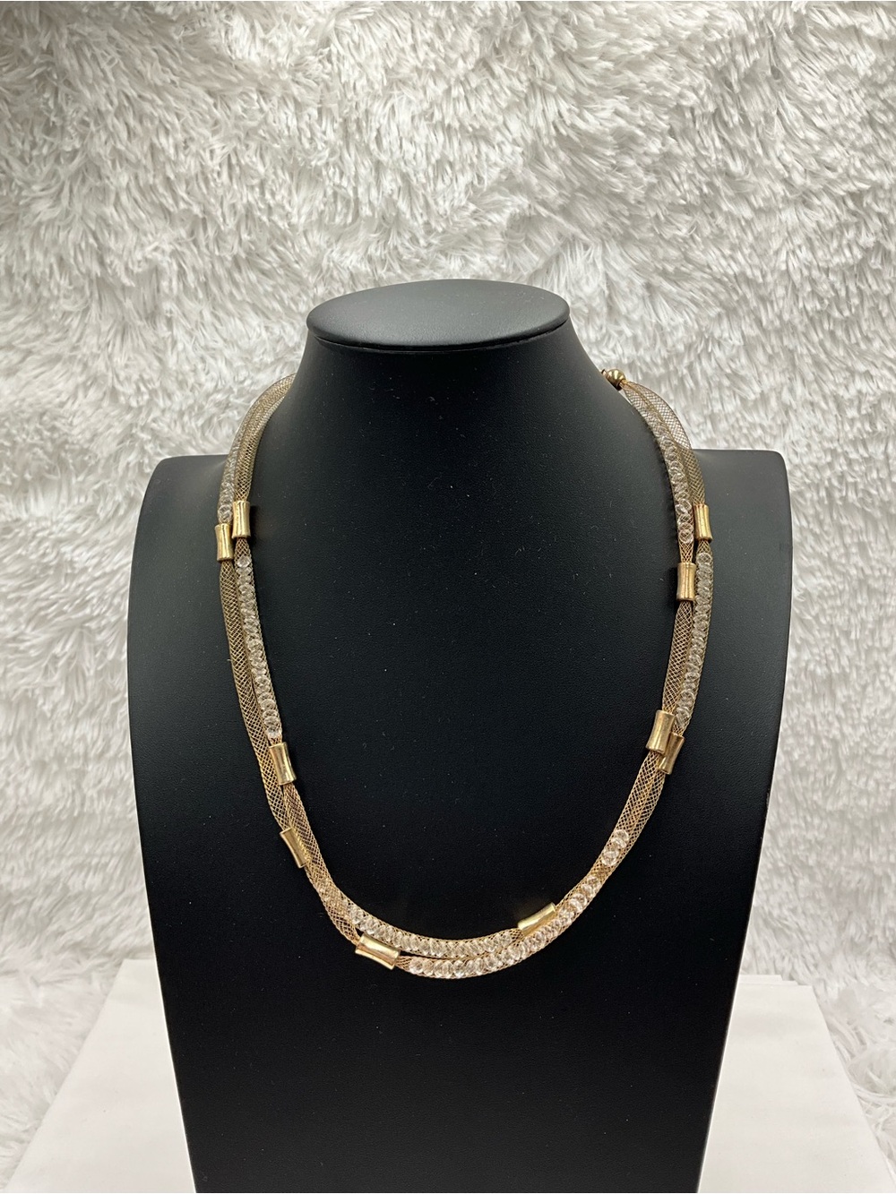 Mesh Crystal Tube Multi Strand Gold Tone Statement Necklace
